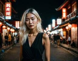 photo of beautiful young girl in china local street market at night, generative AI