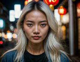 foto de hermosa joven niña en China local calle mercado a noche, generativo ai