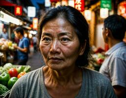 foto de mayor antiguo vendedor mujer en China local calle mercado a noche, generativo ai