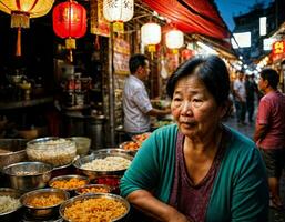 foto de mayor antiguo vendedor mujer en China local calle mercado a noche, generativo ai