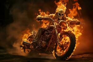 Spectral Human skeleton riding on fire motorbike. Speed race photo