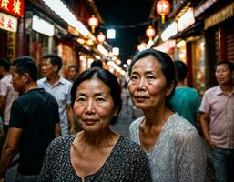 foto de mayor antiguo mujer con amigos en China local calle mercado a noche, generativo ai