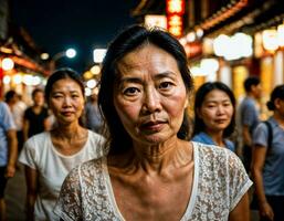 photo of senior old woman with friends in china local street market at night, generative AI