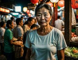 foto de mayor antiguo vendedor mujer en China local calle mercado a noche, generativo ai