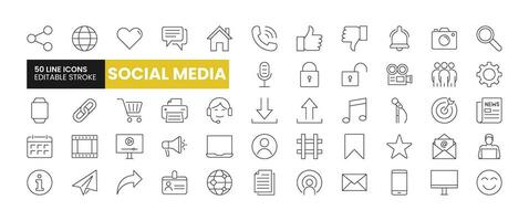 Set of 50 Social Media and Web line icons set. Social Media outline icons with editable stroke collection. Includes Call, Save, Like, Avatar, Microphone, and More. vector