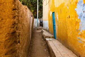 Colourful exterior wall of a Nubian house in Egypt. Typical African village houses facade. Medieval street. photo