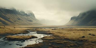 AI generated Generative AI, Iceland beautiful foggy wild landscape with mountains, aesthetic muted colors, photo