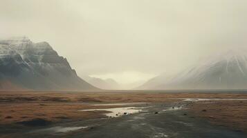 ai generado generativo ai, Islandia hermosa brumoso salvaje paisaje con montañas, estético apagado colores, foto