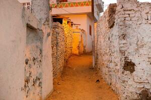 Colourful exterior wall of a Nubian house in Egypt. Typical African village houses facade. Medieval street. photo