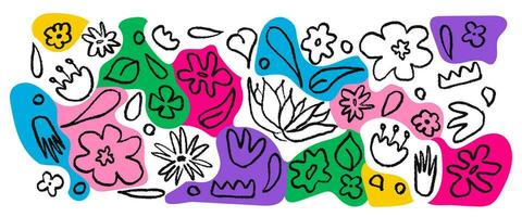 Set hand drawn in black brush linear flowers. Bright spots, blots. Abstract modern background with plants vector