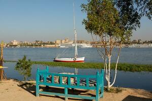 Nile the longest river in Africa. Primary water source of Egypt. Landscape with clear water river. photo