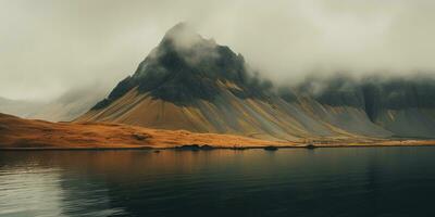 ai generado generativo ai, Islandia hermosa brumoso salvaje paisaje con montañas, estético apagado colores, foto