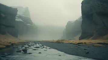 AI generated Generative AI, Iceland beautiful foggy wild landscape with mountains, aesthetic muted colors, photo