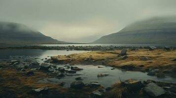 AI generated Generative AI, Iceland beautiful foggy wild landscape with mountains, aesthetic muted colors, photo