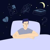 un hombre no puedo relajarse y otoño dormido porque él es pensando acerca de varios problemas. insomnio concepto vector