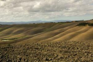 cosechado campos y prados paisaje en toscana, Italia. ondulado país paisaje a otoño puesta de sol. cultivable tierra Listo para el agrícola estación. foto