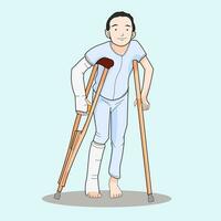 Injured kid walking using bandage crutches vector