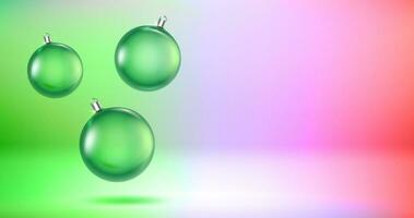 Christmas baubles on holographic background. Vector 3d banner with copy space