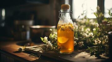 ai generado generativo ai, hecho en casa fermentado kombucha beber, sano té, natural probiótico sazonado bebida foto