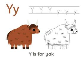 Tracing alphabet letters with cute animals. Color cute yak. Trace letter Y. vector