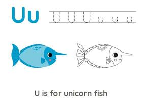 Tracing alphabet letters with cute animals. Color cute unicorn fish. Trace letter U. vector