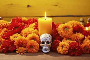 velas y maravilla flores día de el muerto concepto dia Delaware los muertos. ai generado foto