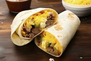 Breakfast burrito with sausage, eggs, hashbrown and cheese. AI Generated photo