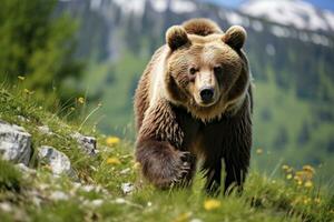 Brown bear moving on the green meadow in springtime nature. AI Generated photo