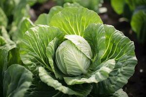 Cabbage growing in an urban garden. Cabbage leaves and head close up. Generative AI photo