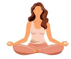 mujer haciendo yoga meditar plano vector en mental salud cuidado concepto