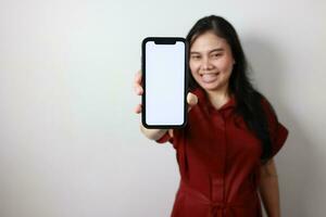 Woman holding smartphone, technology business concept photo