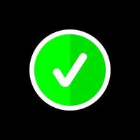 Check mark icon isolated on black background. Green tick, check list icon. Vector illustration.