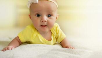 Cute, sweet and charming little girl in a yellow bodysuit lying on the bed and smiling. The concept of a healthy baby. photo