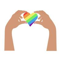 Hands holding LGBT heart symbol. Rainbow flag, LGBT symbol, . Vector illustration isolated on white background. LGBT design element. LGBT pride design for valentines day