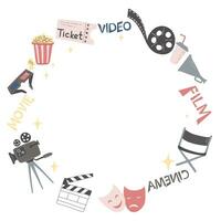 Cinema background with cinema items in flat design style, vector illustration. Round frame with cinema and movie elements, copy space. Popcorn, camera, soda with straw, masks, tickets, filmstrip.