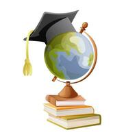 Stack of books, graduation cap, globe isolated on white background.  International education, students exchange, graduation or scholarship concept. Vector illustration