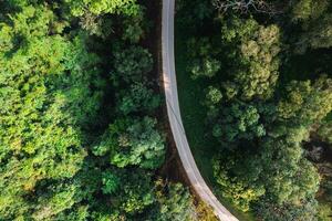 Forest road and morning fog, high angle photo