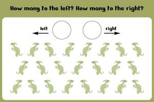 Count how many dinos go to the right and left Logical game for children Left-right. Training sheet.  Vector illustration
