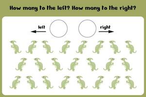 Count how many dinos go to the right and left Logical game for children Left-right. Training sheet.  Vector illustration