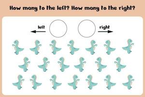 contar cómo muchos dinosaurios Vamos a el Derecha y izquierda lógico juego para niños izquierda derecha. formación hoja. vector ilustración