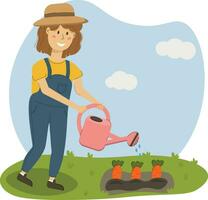 Vector illustration of a female gardener watering carrots in the garden