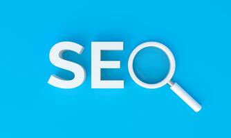 SEO search engine optimization with magnifying glass on blue background. photo