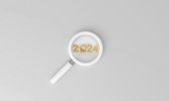 Magnifying glass is looking at golden number 2024 and house icon with Stack. photo