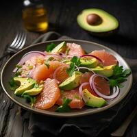 AI Generated Slices of avocado grapefruit on a platter on a wooden table. Healthy food concept delicious salad photo