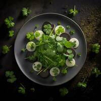 AI Generated green salad with radish beets on a black plate beautiful table setting photo