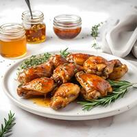 AI Generated Chicken wings sweet sour sauce rosemary honey white platter table setting photo