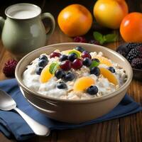 AI Generated Cottage cheese with pineapple grapes black plate dark table Healthy eating concept Mint breakfast photo