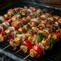 AI Generated Chicken kebab with grilled vegetables. Golden crust on the barbecue. Closeup photo