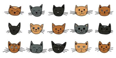 Hand drawn cat muzzle clipart. Cute pet face doodle set vector