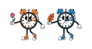 Clock characters with flower and leaf changing to winter and summer time in 70s cartoon style vector